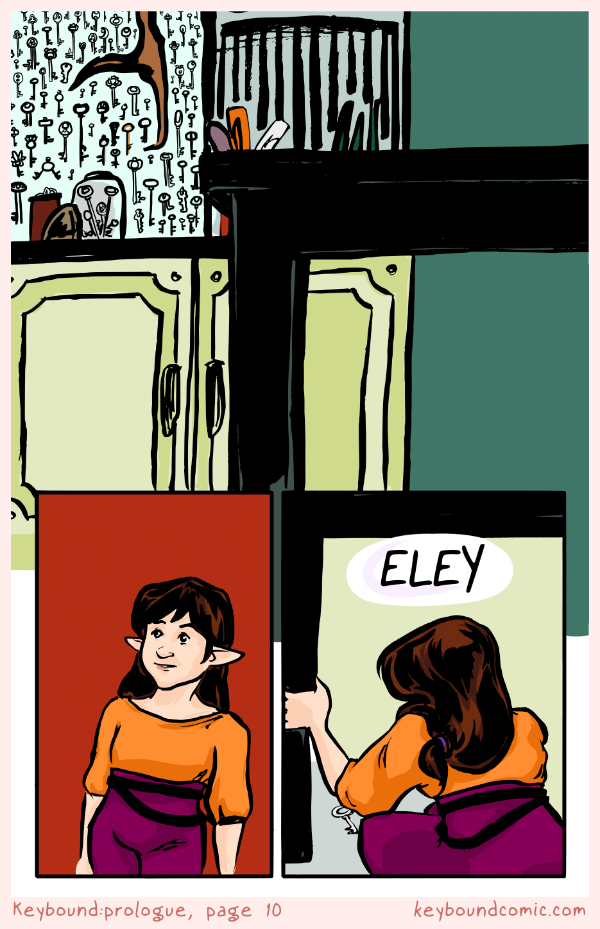 Keybound comic page 10. Inside the Keyp the wall is covered with keys. Eledrine is entranced by them. She crouches down to pick up a key on the floor.
