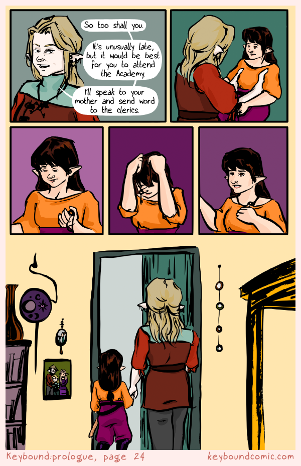 Keybound comic page 24. The Keyper and Eledrine finish their conversation and go to meet with Eledrine's mother again.