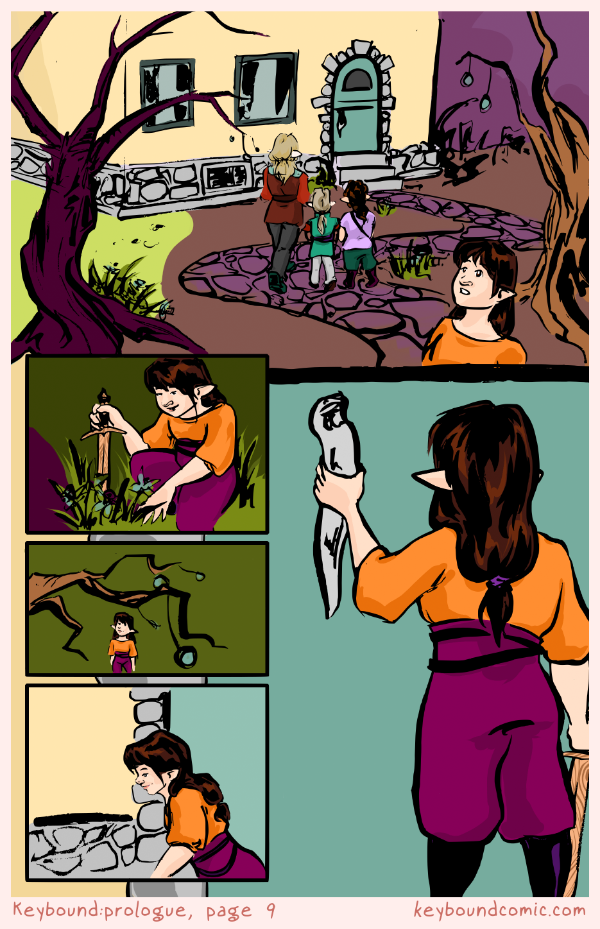 Keybound comic page 9. The Keyper, Agnet, and Fyodor continue towards the Keyper's home. Eledrine investigates the garden before joining them inside.