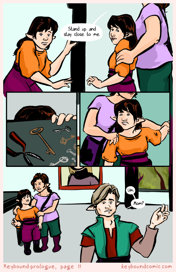Keybound comic page 11. Agnet restrains Eledrine who seems unable to keep her hands to herself. Fyodor is unsure of himself.