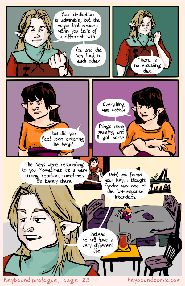 Keybound comic page 23. Undeterred, the Keyper addresses Eledrine's objections. She asks Eledrine about her experience and speculates about Fyodor.