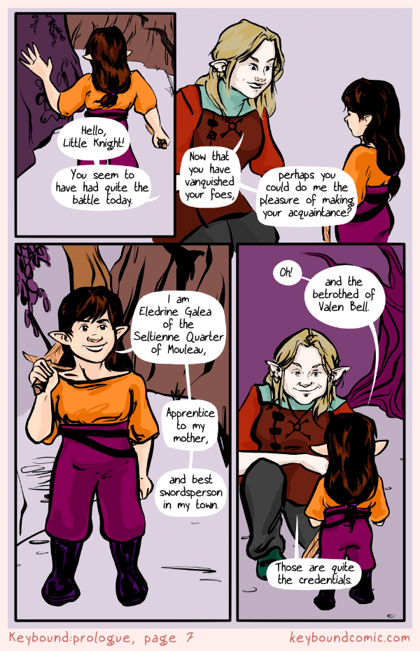 Keybound comic page 7. Eledrine meets the Keyper. Eledrine introduces herself impressively and proudly. The Keyper is amused with her boldness.